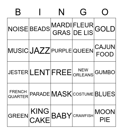 MARDI GRAS Bingo Card