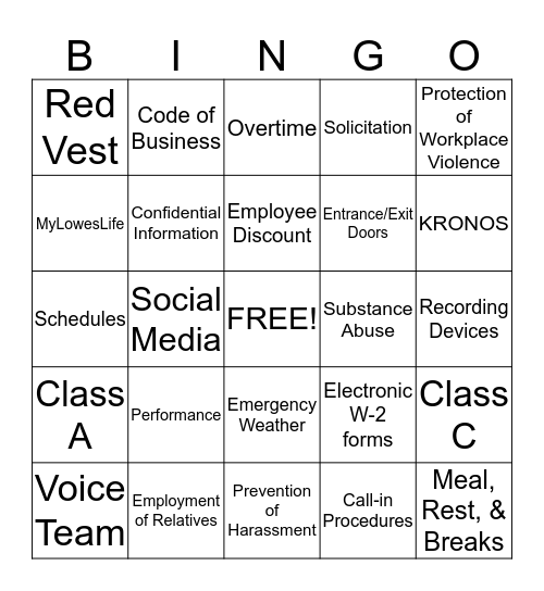 LOWE'S New Employee Orientation Bingo Card
