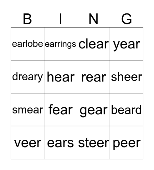 eer, ear bingo Card