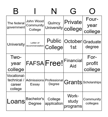 Quincy Teen REACH College Day BINGO Card