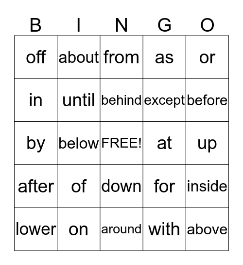 Preposition Bingo Card