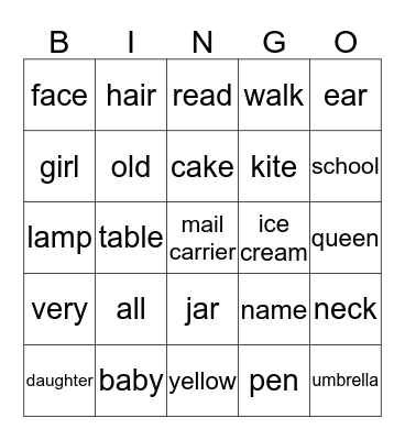 SWE1 Voc. #1 Bingo Card