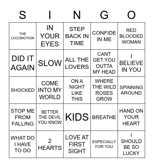 212 BEST OF KYLIE MINOGUE Bingo Card