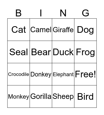 Animal Bingo Card
