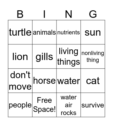 Living Things Bingo Card