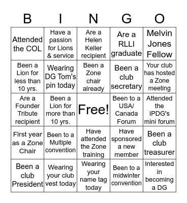 Lions Service  Bingo Card