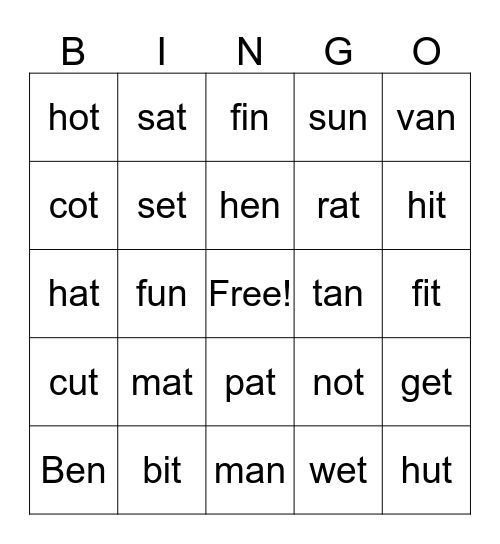 CVC Words Bingo Card