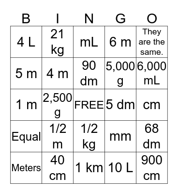 Metric System Bingo Card