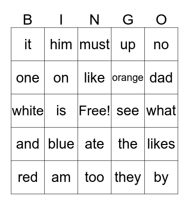 Sight Words "A" Bingo Card