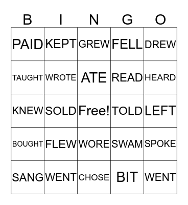 Past Tense Verbs Bingo Card