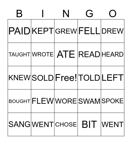 Past Tense Verbs Bingo Card