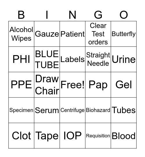 Phlebotomy Bingo Card