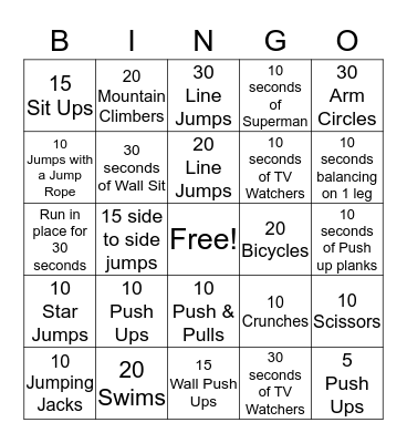 Fitness Bingo Card