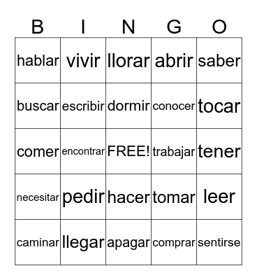 Spanish Verb Bingo Card