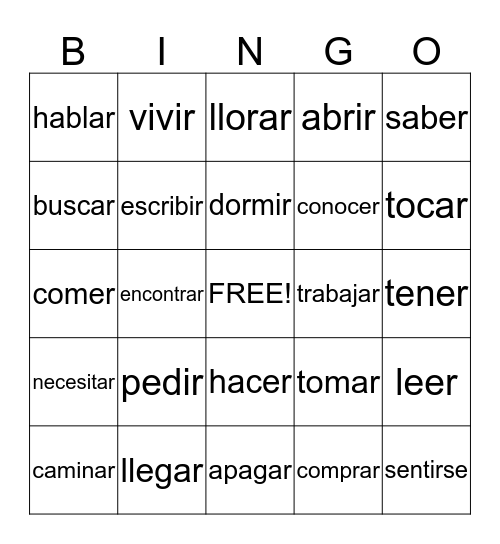 Spanish Verb Bingo Card