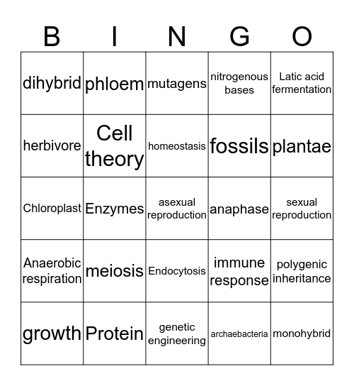 Biology EOC Review Bingo Card
