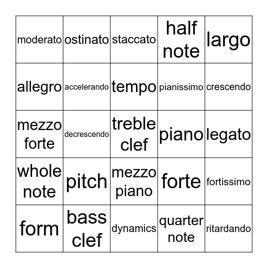 Music vocabulary Bingo Card