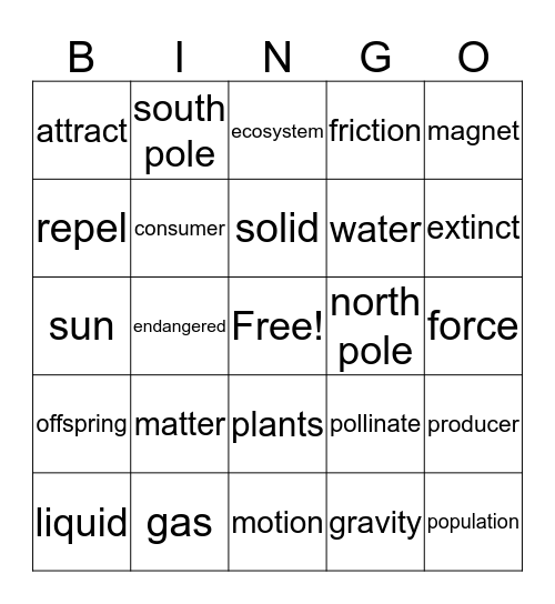 Third Grade Science Bingo Card