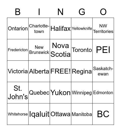 Canadian Geography Bingo Card