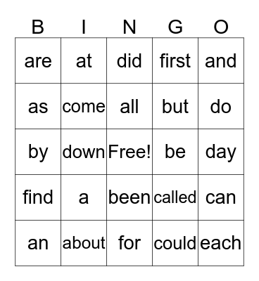 Fry first 20 BINGO Card