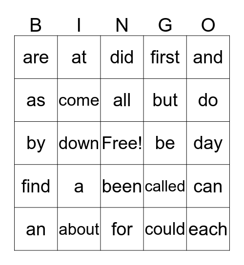 Fry first 20 BINGO Card