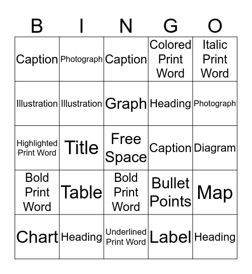 Text Feature Bingo Card