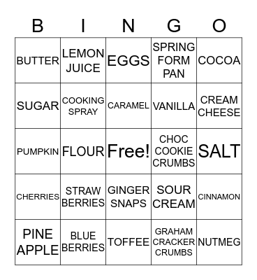 CHEESECAKE BINGO Card