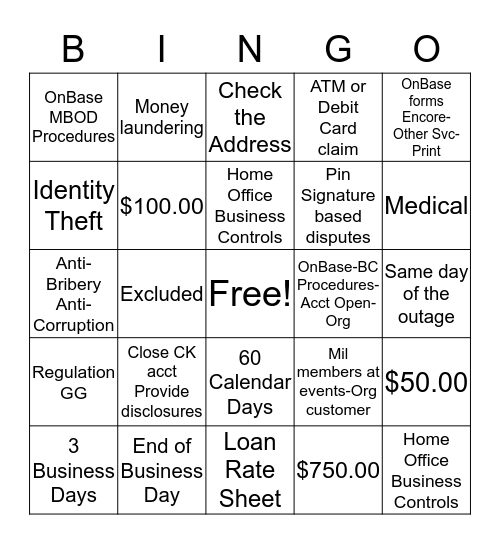 BINGO BCCR Bingo Card