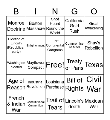 Key Events Bingo Card