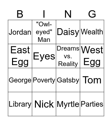 The Great Gatsby Bingo Card