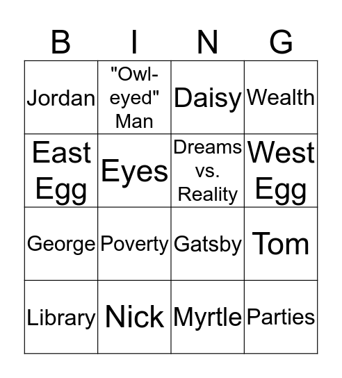 The Great Gatsby Bingo Card