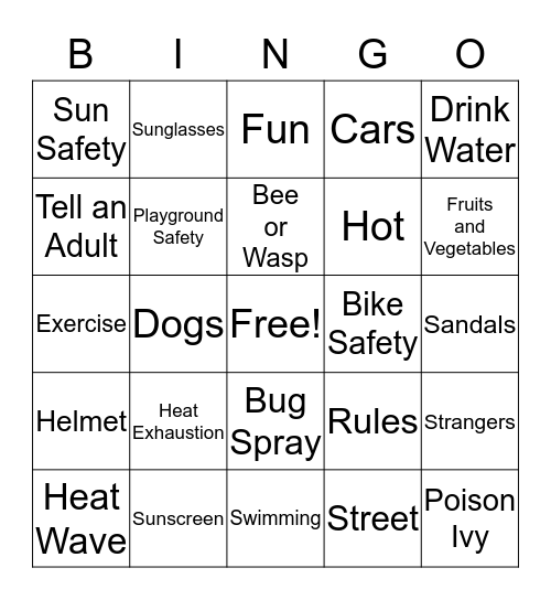 SUMMER SAFETY Bingo Card