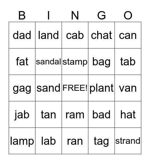 Short a Bingo Card