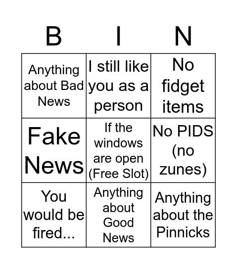 Tom Kisla Bingo Card