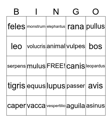 Latin Animals Bingo Card