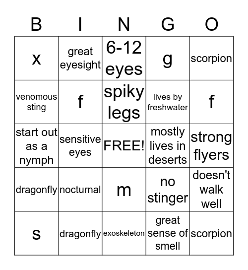 Scorpion and Dragonfly  Bingo Card