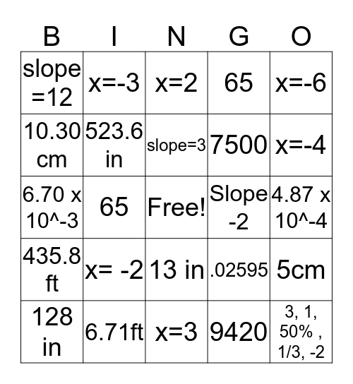 Math Bingo  Bingo Card