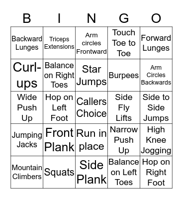 Fitness Bingo Game One Bingo Card