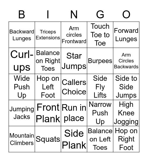 Fitness Bingo Game One Bingo Card