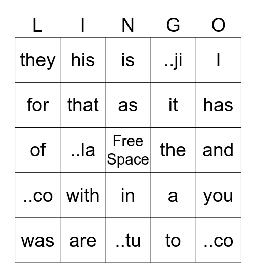 Most  Common Words  1&2 Bingo Card