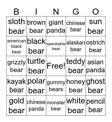 Bears Bingo Card