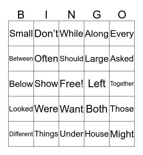 Sight Word Bingo 2nd Bingo Card
