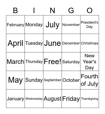 Calendar Bingo Card