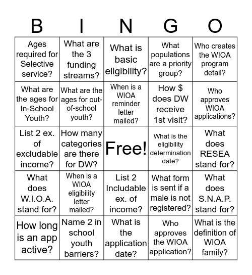 WIOA Eligibility Bingo Card