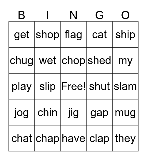 CH, SH & cvc words Bingo Card
