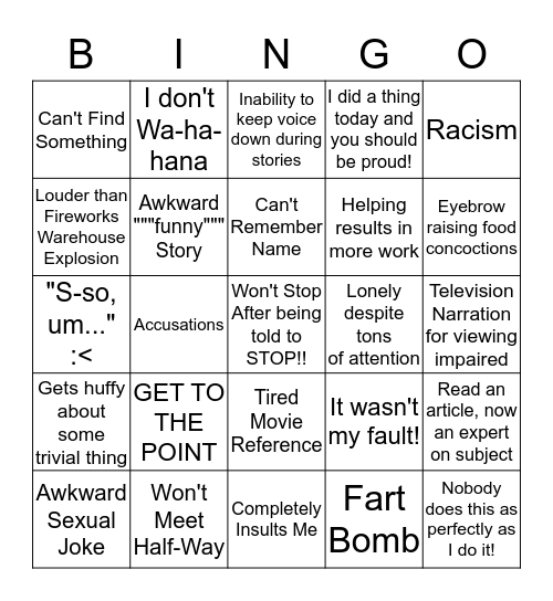 Weekend with Dad Bingo Card