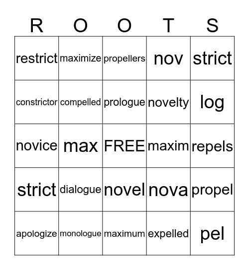 Roots Unit 7 Bingo Card