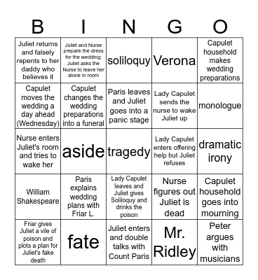 Act 4 Romeo and Juliet Bingo Card