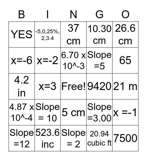 Math Bingo  Bingo Card