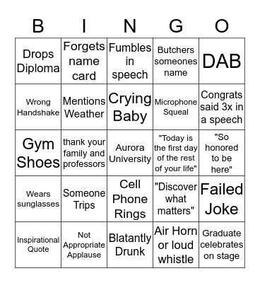 AU 2018 Graduation Bingo Card